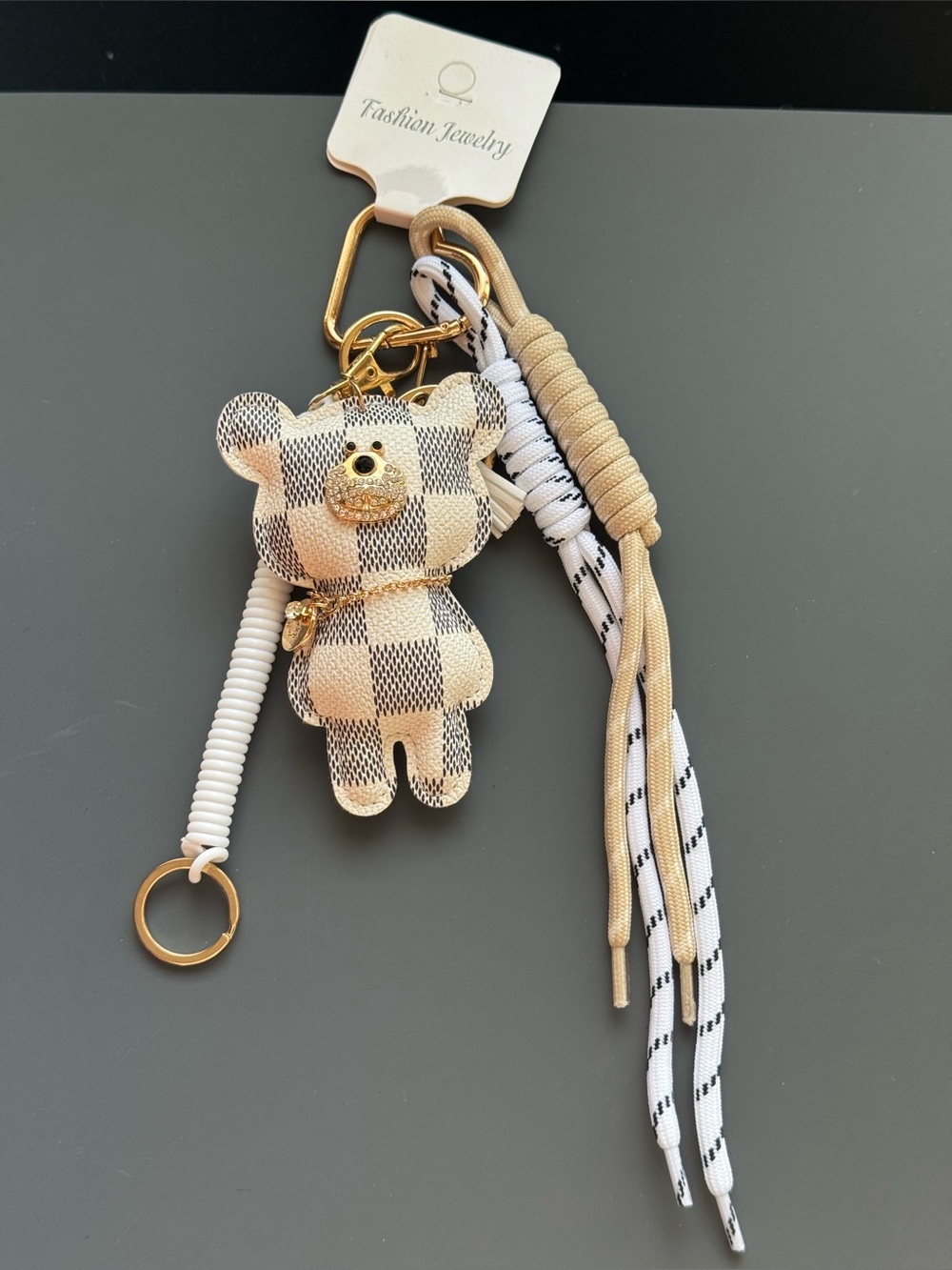 White and Gray Checkered Bear Bag Charm Keychain Gold Accent Coordinating Cord